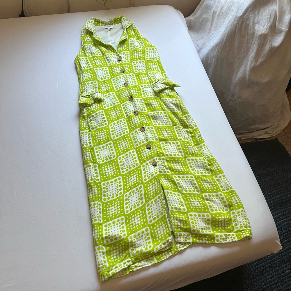 Anthropologie Lime Green and White Sleeveless Button-Front Midi Dress